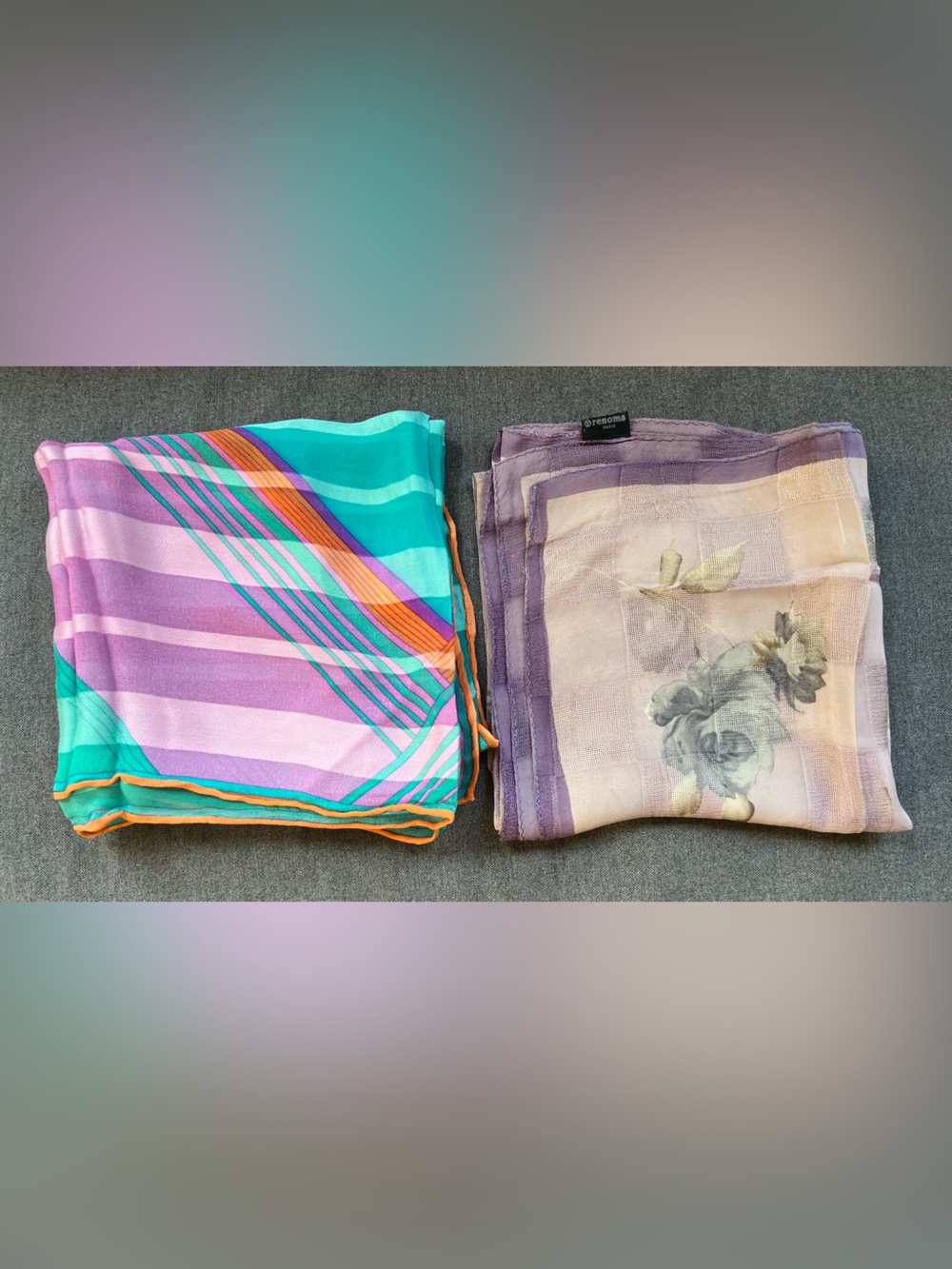 2 Designer Silk Scarves: Renoma & Charlotte | Hand Rolled Hem | As-Is / Flaws